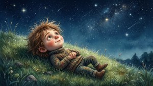 一個小男孩躺在草地上，仰望有流星嘅星空