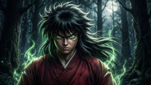 月光下黑暗森林中擁有發光綠色眼睛的動漫戰士。