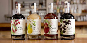 四瓶Wild Roots調味伏特加酒瓶排列在木製吧枱上。