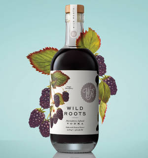 一瓶Wild Roots馬里恩莓伏特加，帶有插圖風格的莓果和葉子，背景是青綠色。 — Honor Magic V Flip 2 壁紙