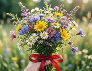 手在陽光普照的田野中拿著色彩繽紛的野花花束，繫有紅絲帶