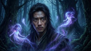 一個在黑暗森林中被發光紫色幽靈包圍的男人。