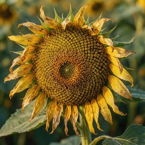 一朵枯萎的向日葵，黃色花瓣下垂，棕色花心帶有紋理，在綠色田野中。