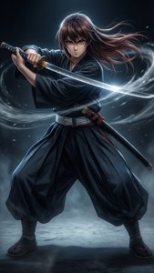 身穿黑色長袍的動漫武士戰士，身後有旋轉的迷霧，手持發光的劍擺出戰鬥姿勢