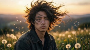 日落時分蒲公英田中的風吹髮年輕男子