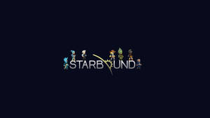 七個像素化遊戲角色在黑暗背景上的 Starbound 標誌下站立。