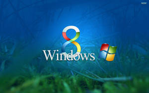 Windows 8 標誌和圖標，背景為藍色燈光的草地。 — 視窗 壁紙