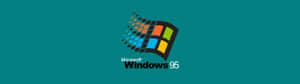 Windows 95 標誌，像素化窗口設計，青色背景