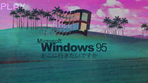 Windows 95標誌在青綠色山丘上，有棕櫚樹，粉紅色天空下。