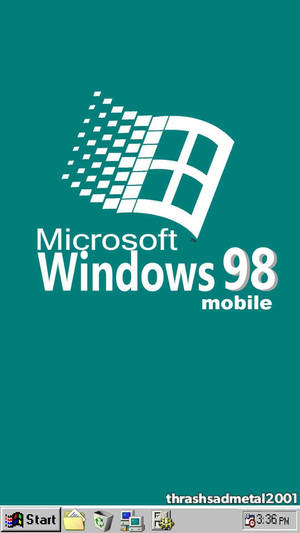 Windows 98 手機標誌在青綠色背景上，附有工作列