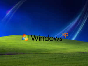Windows XP標誌在綠色山丘上，配以藍天和光線條紋