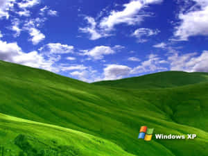 藍天下帶有Windows XP標誌的綠色山丘