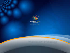 Windows XP Professional 標誌在帶有彎曲銀橙色底座的藍色抽象背景上。