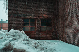 被雪覆蓋的廢棄磚砌建築，窗戶破損，藤蔓纏繞。 — 冬天桌面 壁紙