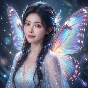 一位發光的精靈，擁有蝴蝶翅膀和閃爍粒子，在宇宙環境中