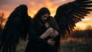 一個黑翼天使在日落時分的田野裡擁抱著一個女人。