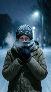 穿著冬季外套帽子和手套嘅人在雪夜街道上呼氣