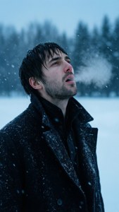 穿深色外套的男人在雪地冬季田野中呼氣，背景模糊森林
