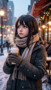 年輕女子穿著冬季外套在雪景城市街道上手持冒熱氣的咖啡杯，節日燈光閃爍