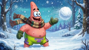 派大星在冬季森林中戴著圍巾和手套扔雪球