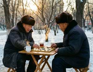 兩位長者在冬季雪地公園中一邊喝熱茶一邊玩圍棋。