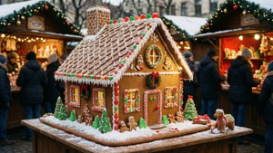 一個裝飾有糖果點綴的薑餅屋，在一個雪白的聖誕市集攤位上。