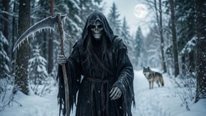 骷髏死神手持冰鐮刀，站在雪地森林中，狼在滿月下注視。