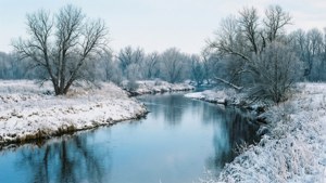 結冰的河流蜿蜒穿過雪景，河岸上有結霜的樹木