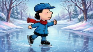 一個小孩在雪地冬季森林的結冰池塘上溜冰，穿著藍色外套和紅色圍巾。