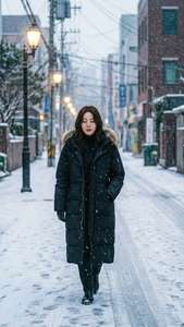 一名女子在輕柔的降雪中，穿著黑色外套走在積雪的都市街道上。