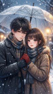 一對年輕情侶在雪夜城市中共用雨傘，周圍有溫暖的燈光。