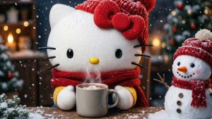 Hello Kitty 和雪人穿著冬季服裝，在飄雪的聖誕樹旁享受熱可可。