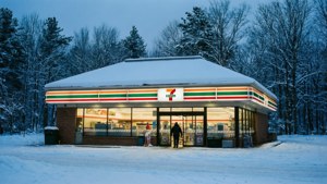 一間燈火通明的7-Eleven商店位於白雪皚皚的冬季森林中，有人正在進入。