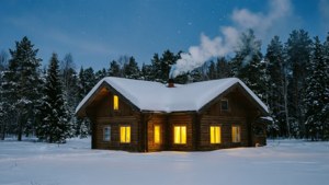 夜間雪林中的木屋，溫暖燈光和煙囪冒煙