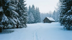 冬季森林中雪覆蓋的小屋，腳印通向它