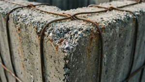 風化混凝土塊由生鏽鋼纜捆綁，顯示紋理和腐朽
