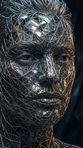 帶有反射性三角形切面的金屬絲網人臉雕塑。