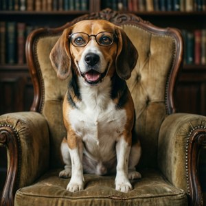戴眼鏡嘅比高犬坐喺復古扶手椅上，後面有書架。
