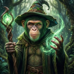 一隻猴子巫師在森林中用發光的法杖施展綠色魔法