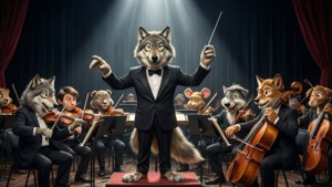 狼指揮家在正式音樂會場景中帶領動物管弦樂團。