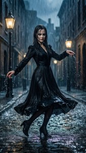 女子在發光街燈下，於濕漉漉的鵝卵石街道上雨中跳舞。