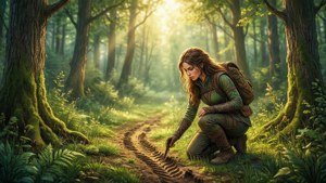 身穿遠足裝備的女性蹲下，在陽光斑駁的森林中研究動物足跡。