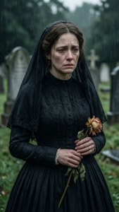 身穿黑色喪服的女人在雨中墓地手持枯萎玫瑰。