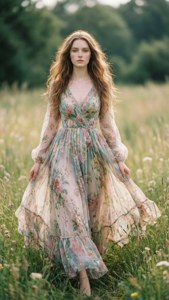 身穿花卉連衣裙的女性站在陽光明媚的草地上，伴隨著野花。