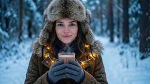 穿著冬季大衣的女士在雪地森林中手持冒熱氣的杯子，周圍有仙女燈。