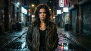 身穿皮褸的女性在夜間雨中的城市小巷中與霓虹燈一起站立。
