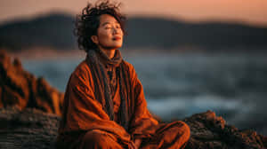 一位身穿橙色長袍的女性在日落時分在岩石海岸上平靜地冥想。