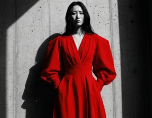 紅裙女性站在混凝土牆前，帶有強烈陰影。