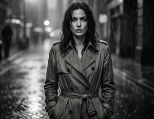 穿著風衣的女性在雨夜的城市街道上站立。