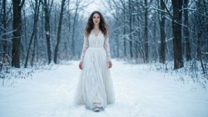 身穿白色蕾絲長裙的女子在飄雪的森林中行走。